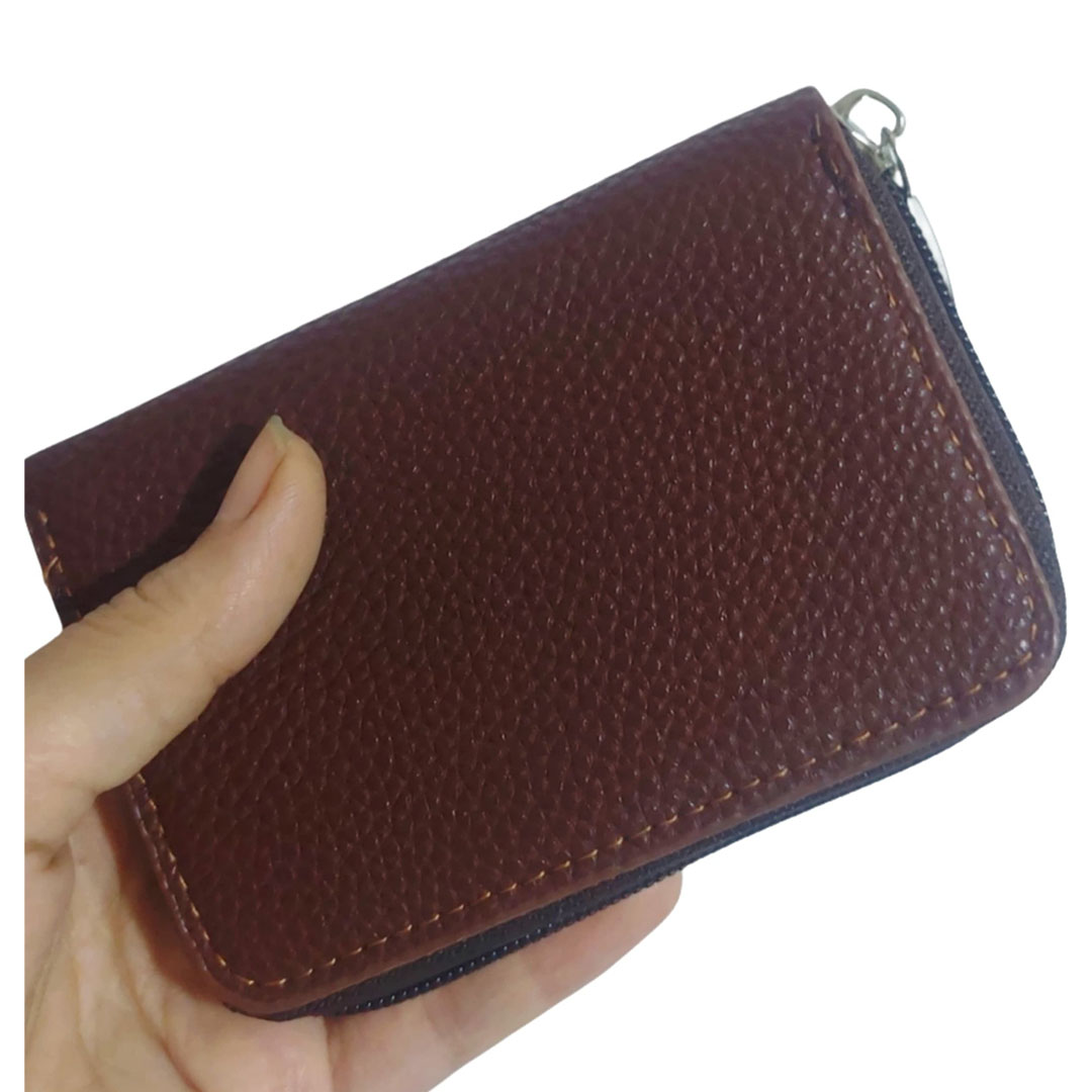 محفظة جلدية للجنسين للحفاظ على كروت والبطاقات بسوستة للغلق - بني