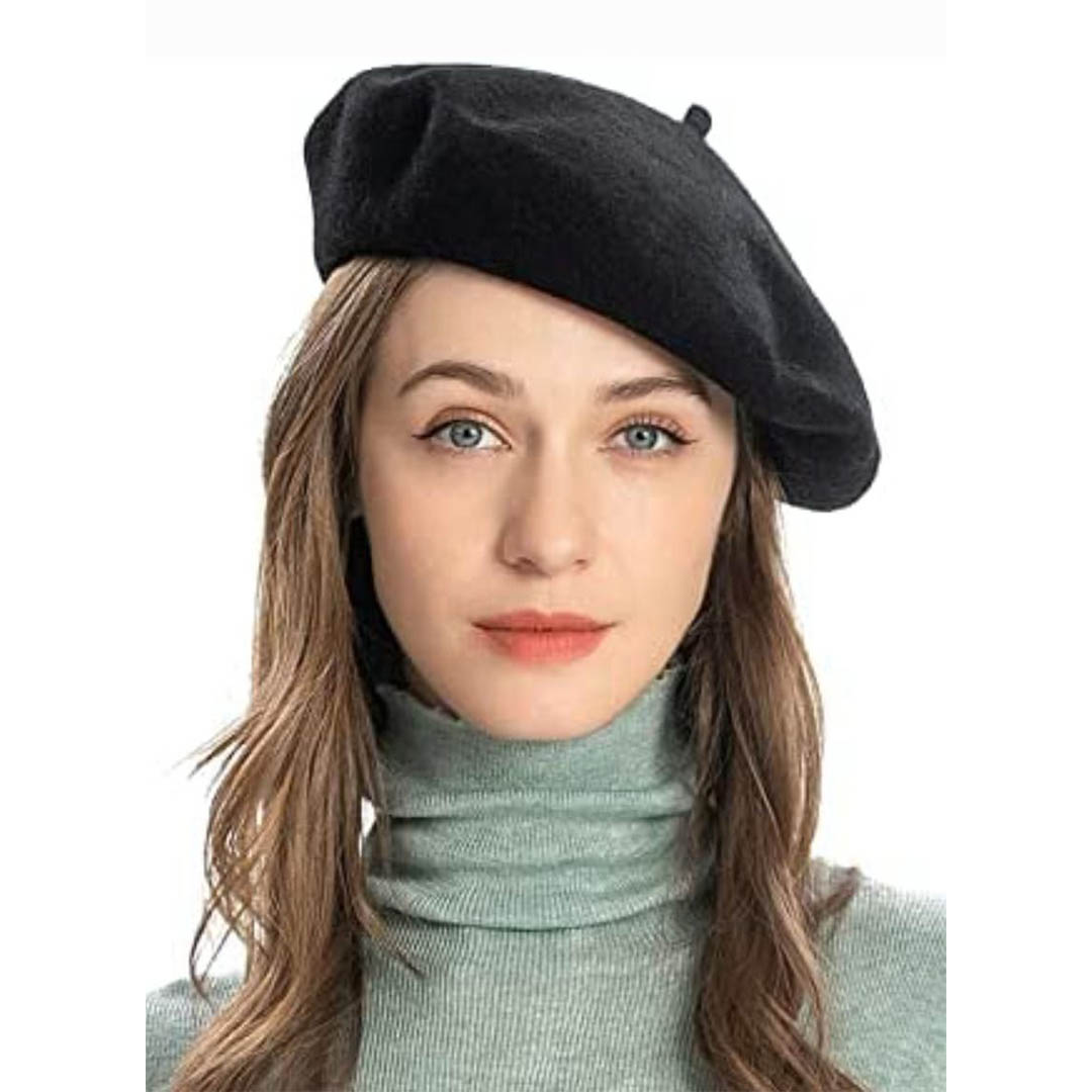 طاقيه بيريه كلاسيكية صوف حريمي - أسود