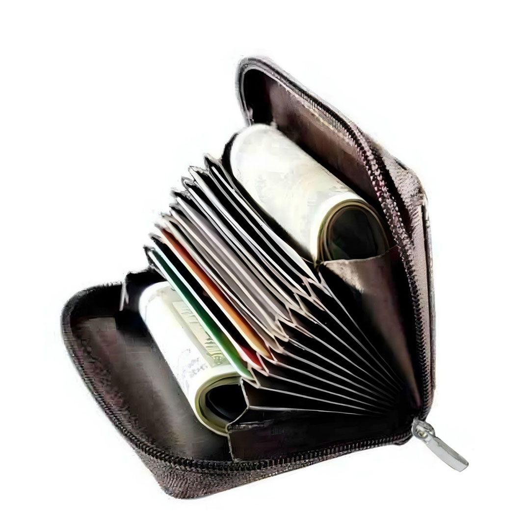 محفظة جلدية للجنسين للحفاظ على كروت والبطاقات بسوستة للغلق - بني