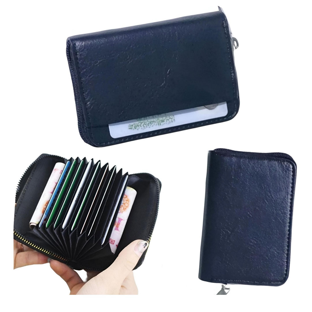 محفظة جلدية للحفاظ على كروت والبطاقات بسوستة للغلق - أسود