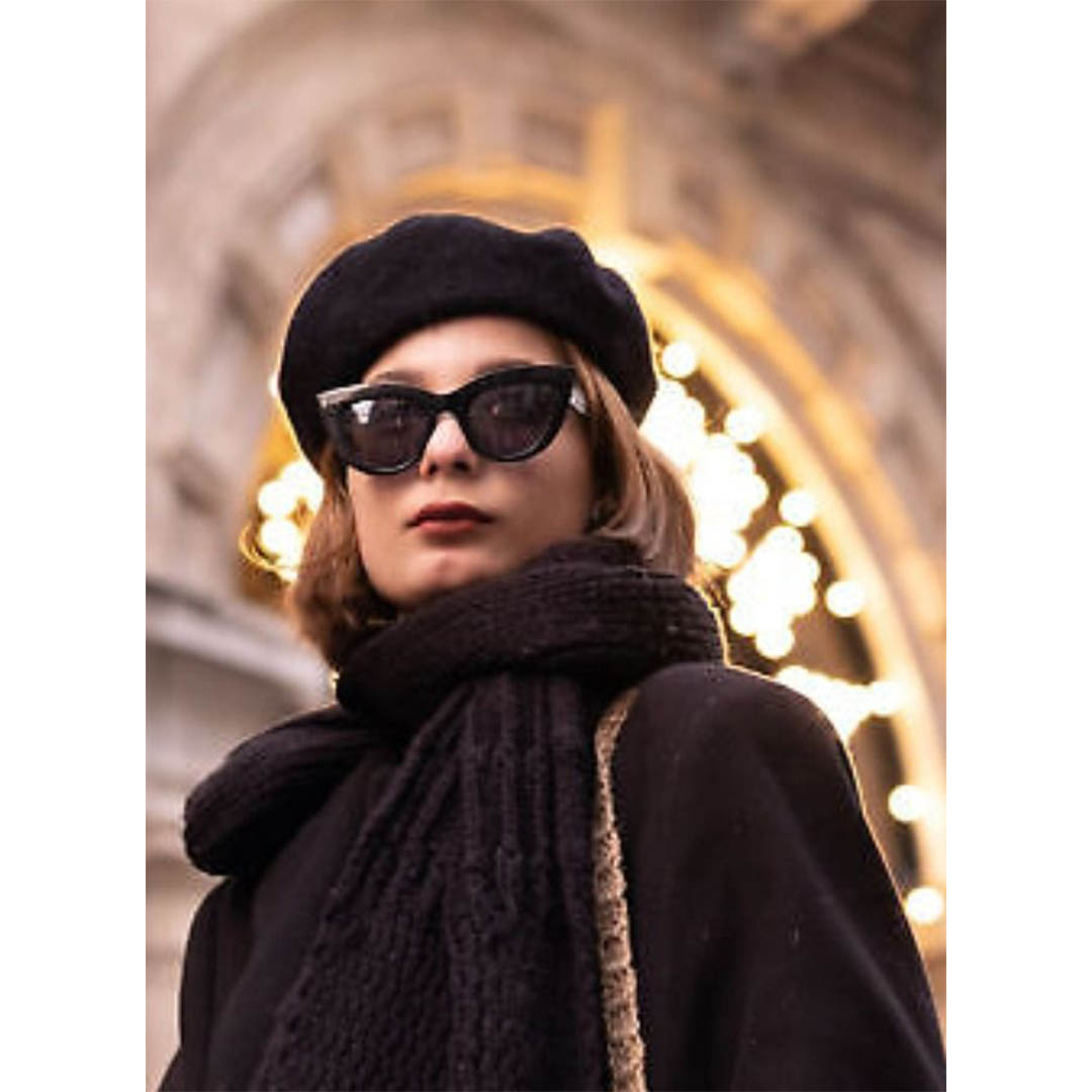 طاقيه بيريه كلاسيكية صوف حريمي - أسود