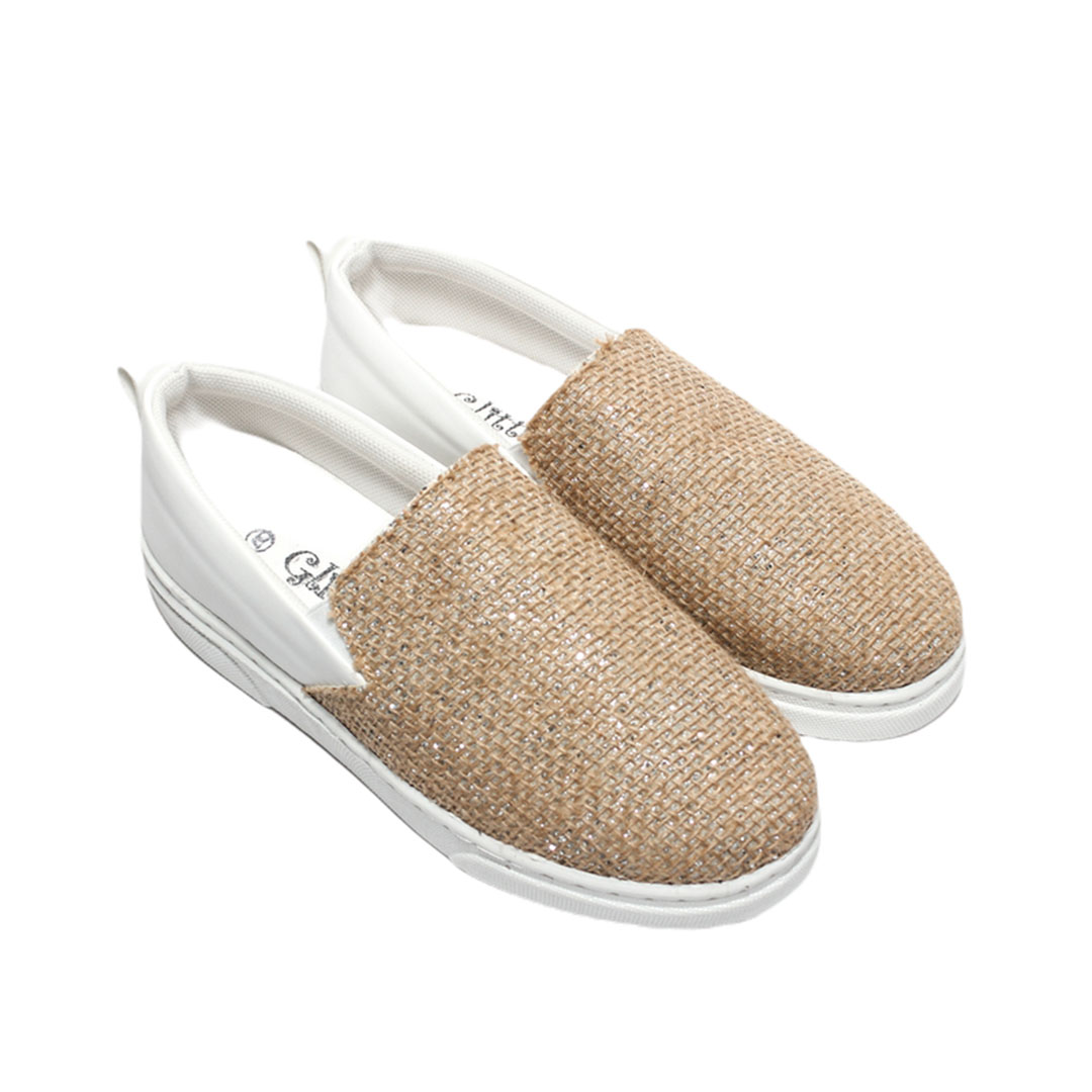 1887 سنيكرز جلد حريمي - بيج/فضي