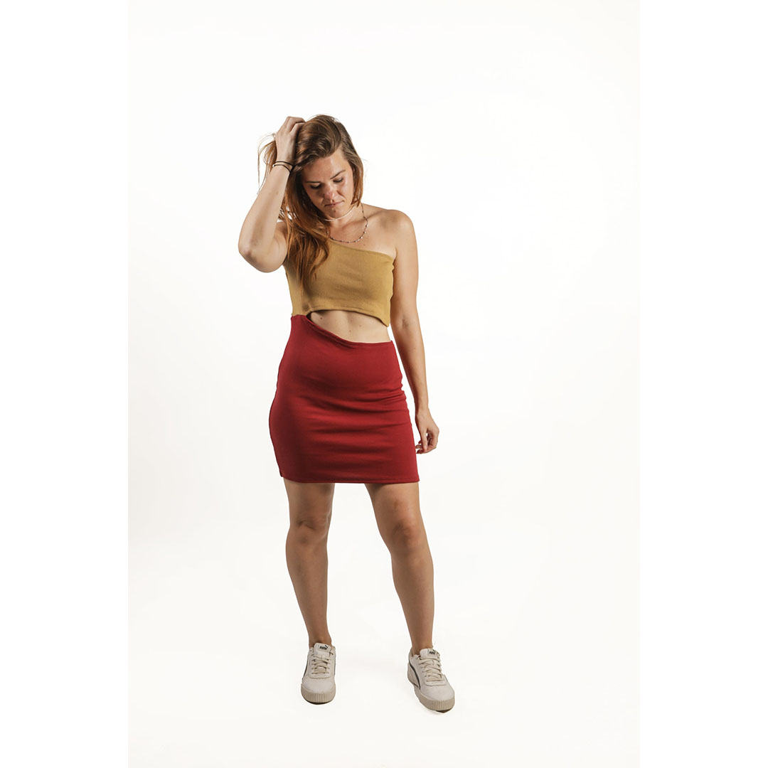 فستان قصير كم واحد حريمي - بني/ أحمر