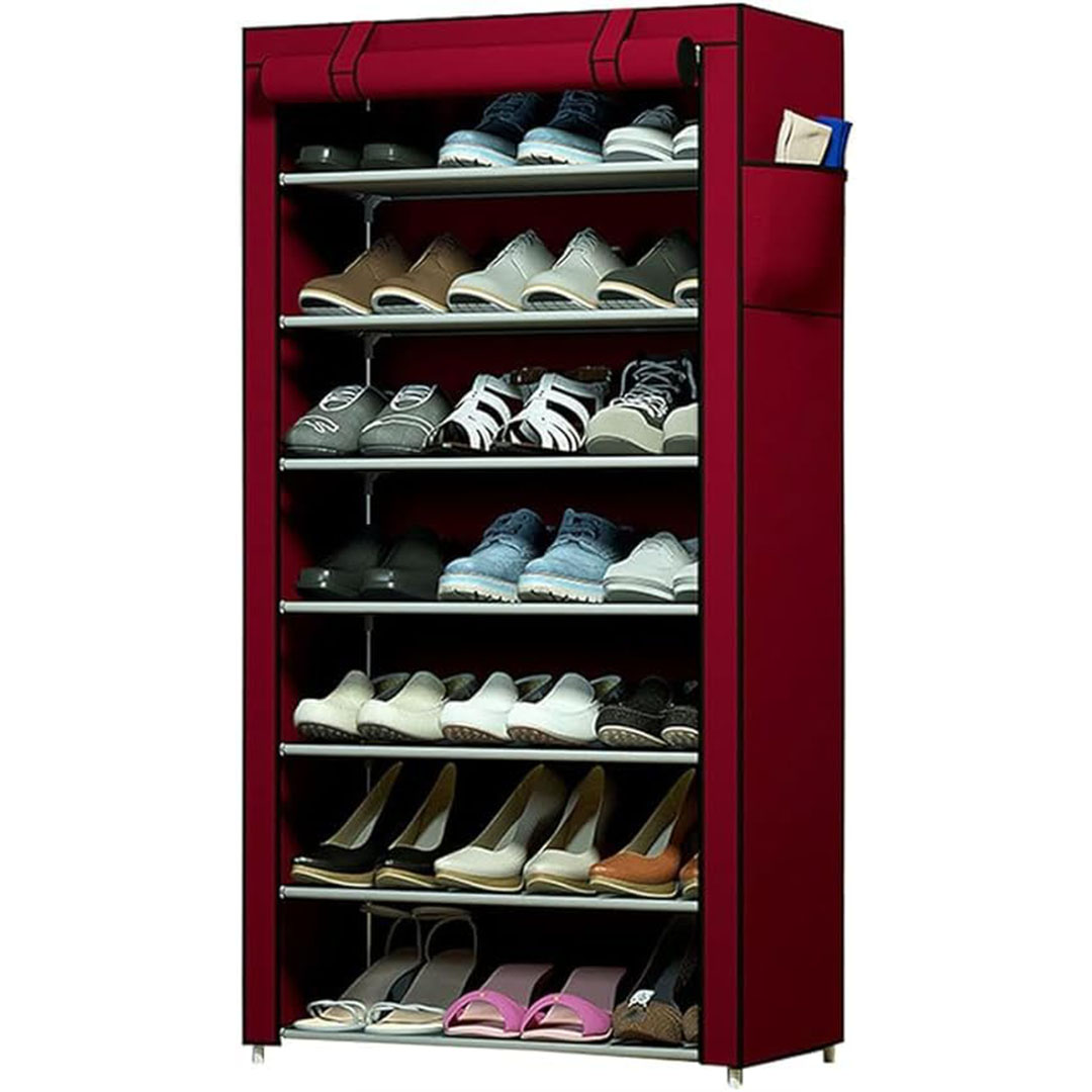خزانة تخزين احذية محمولة من 7 طبقات مع غطاء - أحمر