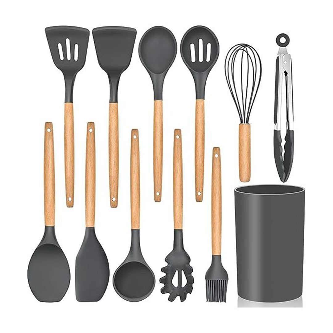 طقم توزيع سيليكون بيد خشب 11 قطعه وحامل بلاستيك - رمادى