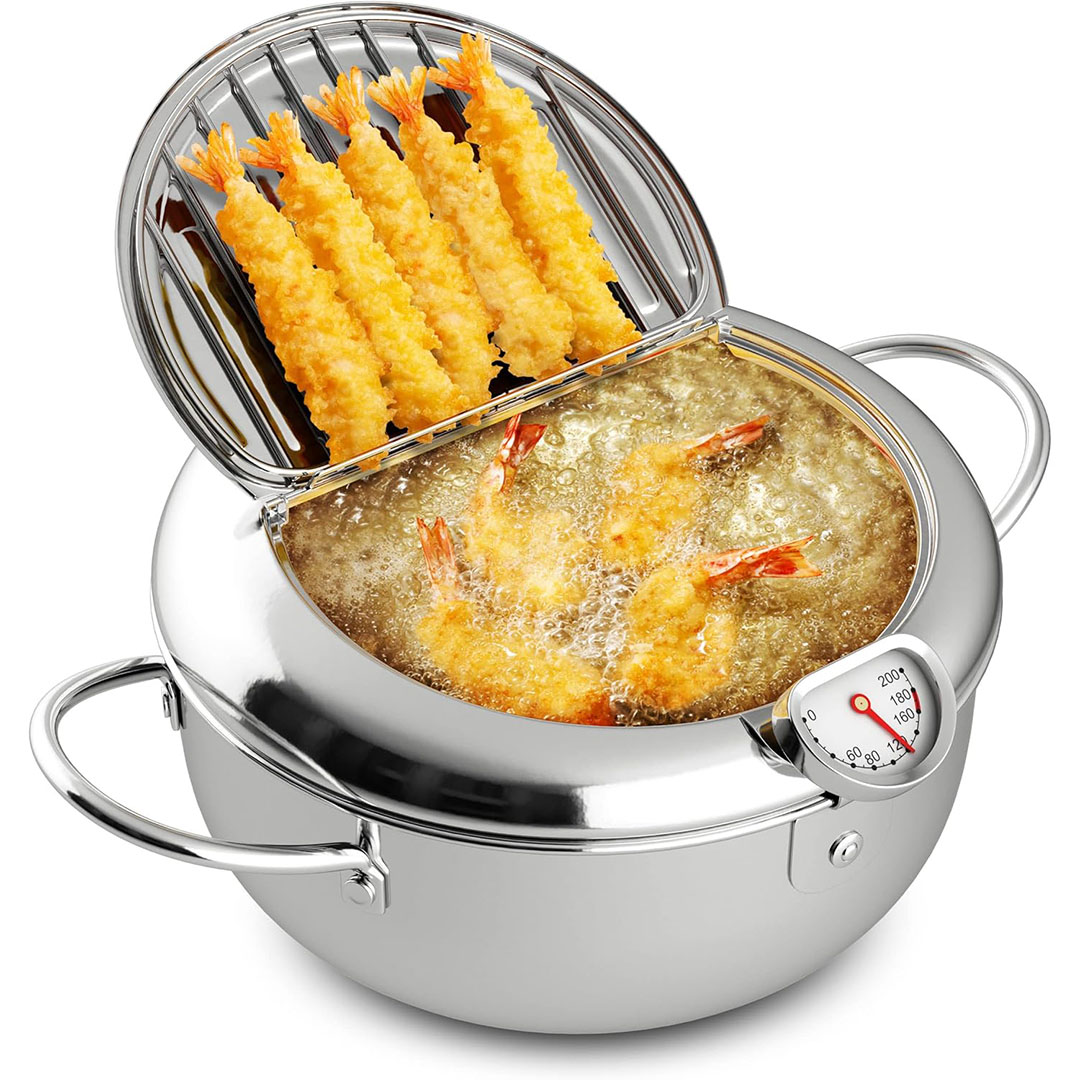 مقلاة عميقة صغيرة للاستخدام على البوتجاز مع سلة من الفولاذ المقاوم للصدأ