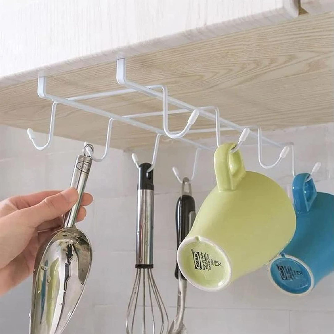 حامل أكواب معدني مع 10 خطافات - أبيض