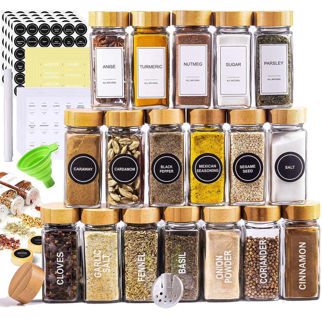 برطمانات توابل زجاج وغطاء خشبي - 12 قطعة