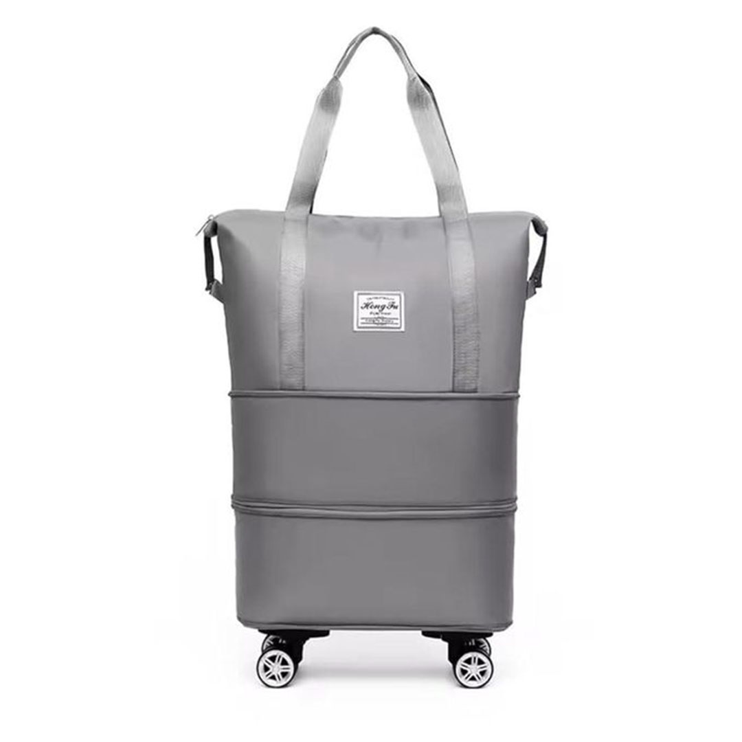 حقيبة سفر كبيرة بطبقتين بتصميم قابل للطي وعجلات ناعمة - رمادي