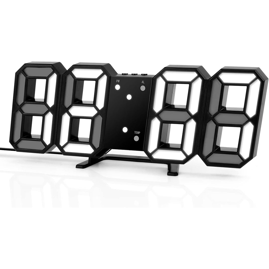 ساعة منبه رقمية ثلاثية الأبعاد - أسود