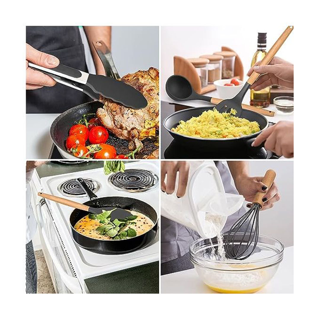 طقم توزيع سيليكون بيد خشب 11 قطعه وحامل بلاستيك - رمادى