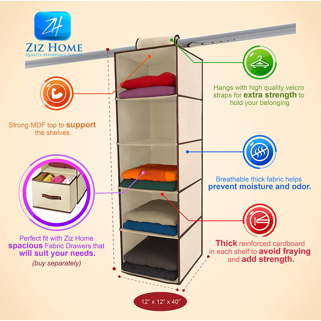 منظم خزانة ملابس - 5 ارفف - بيج