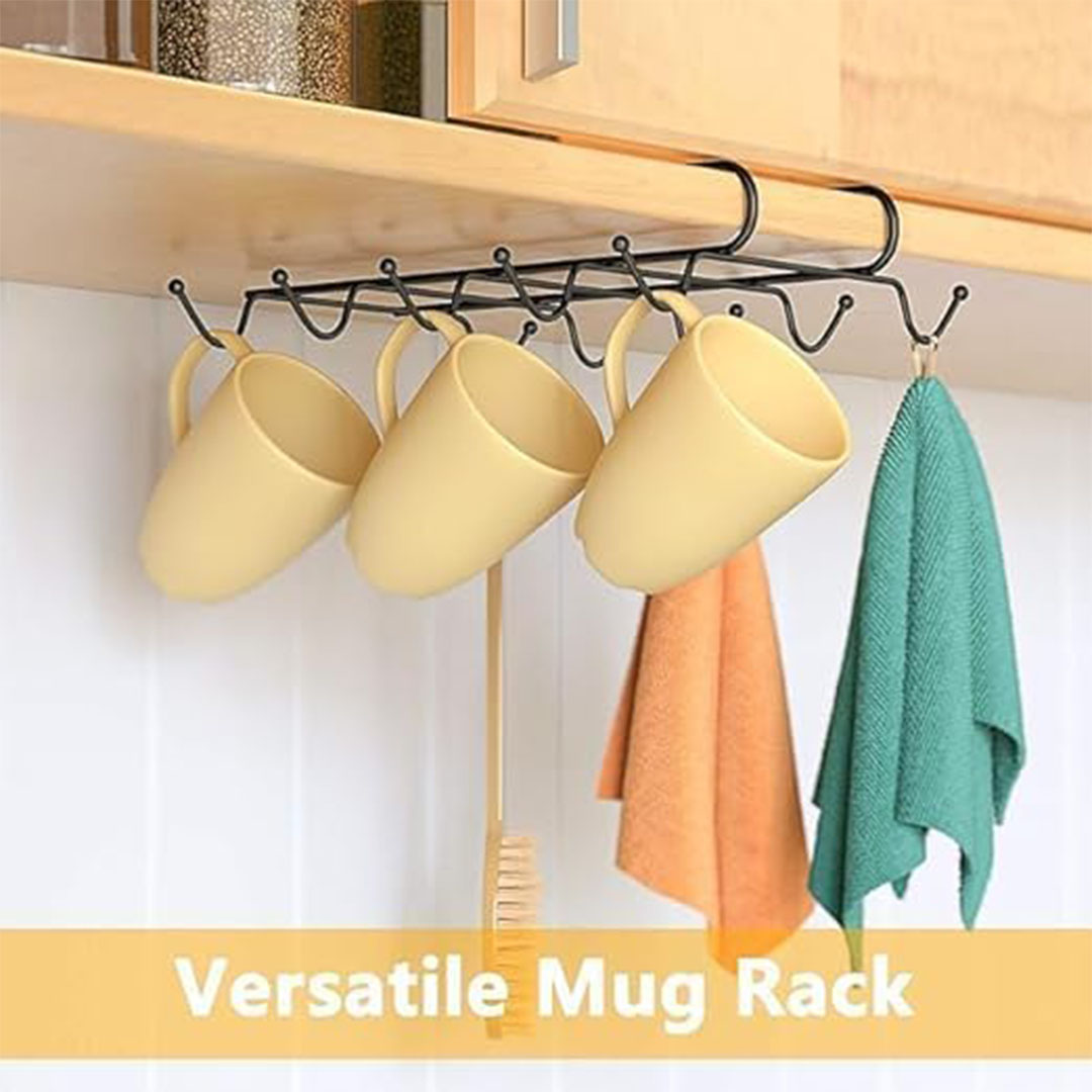 حامل أكواب معدني مع 10 خطافات - اسود