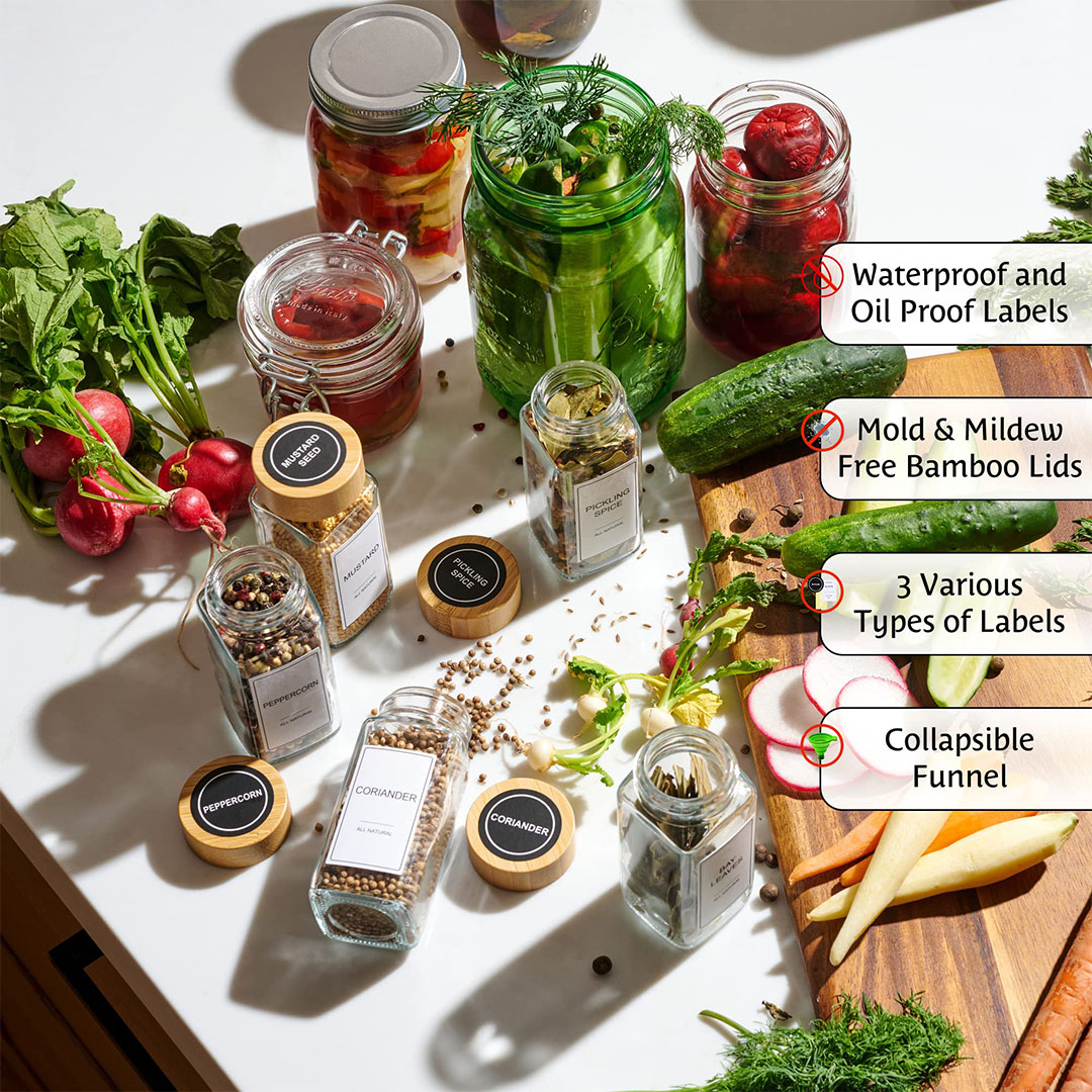 برطمانات توابل زجاج وغطاء خشبي - 12 قطعة