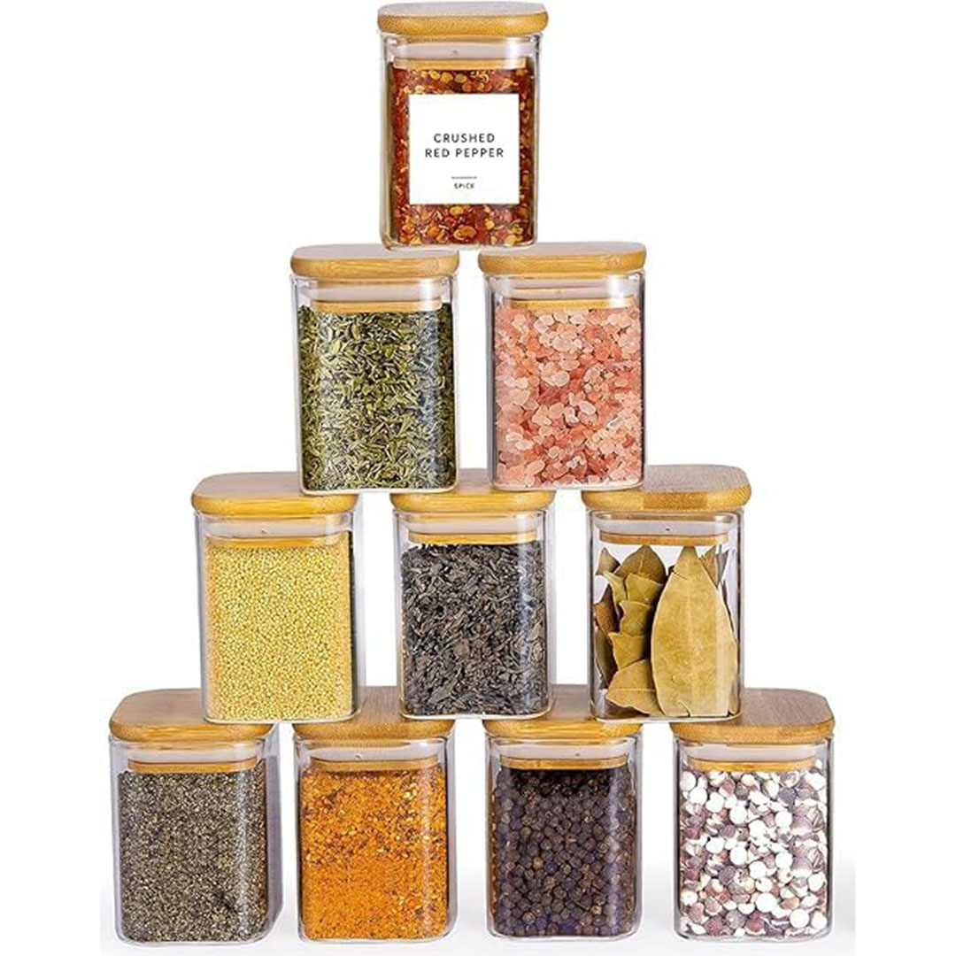 طقم برطمانات توابل محكمة الغلق مع اغطية من الخشب - سعة 200 مل - 12 قطعة