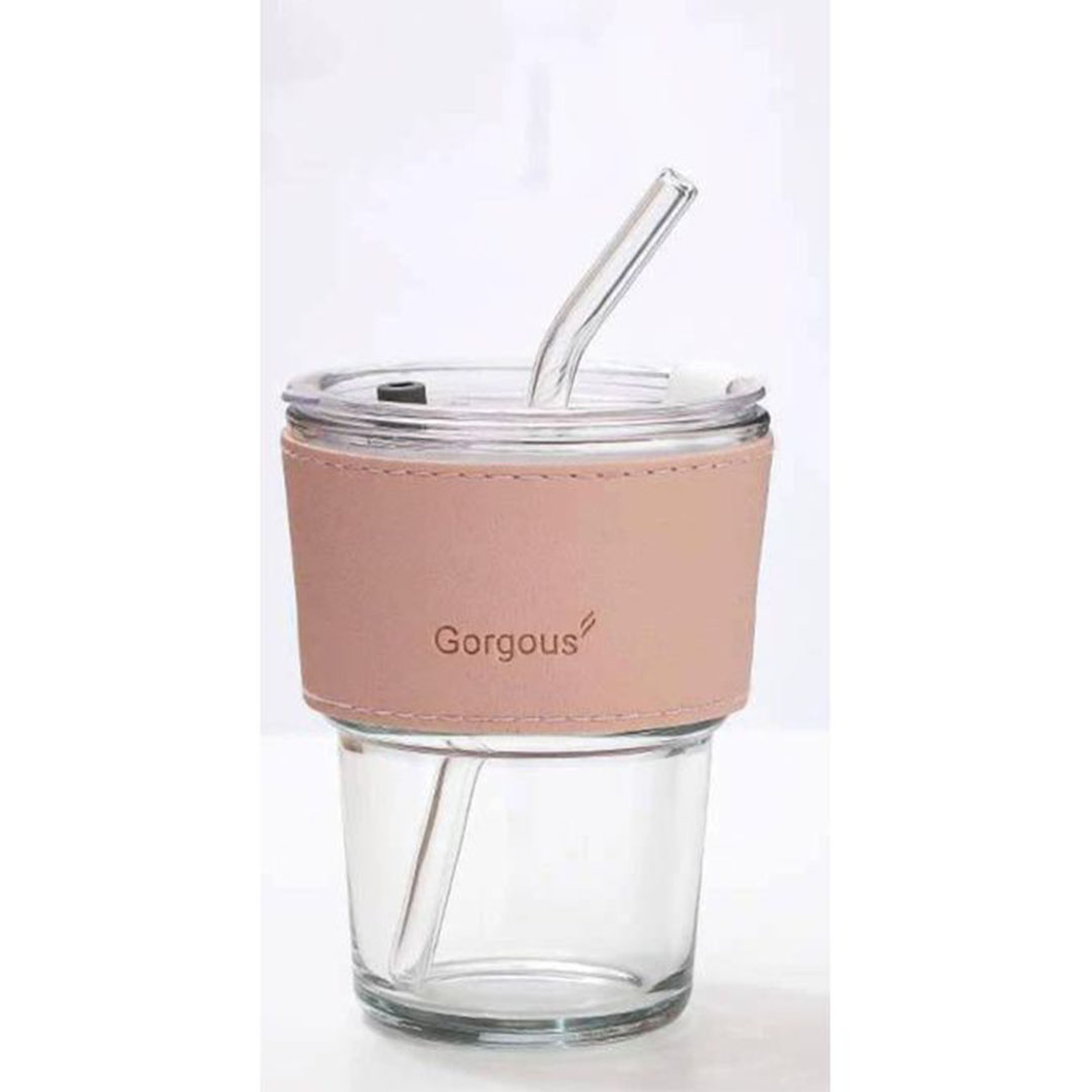 كوب زجاجي مع غلاف جلدي وغطاء وشفاطة - بينك - 400 مل
