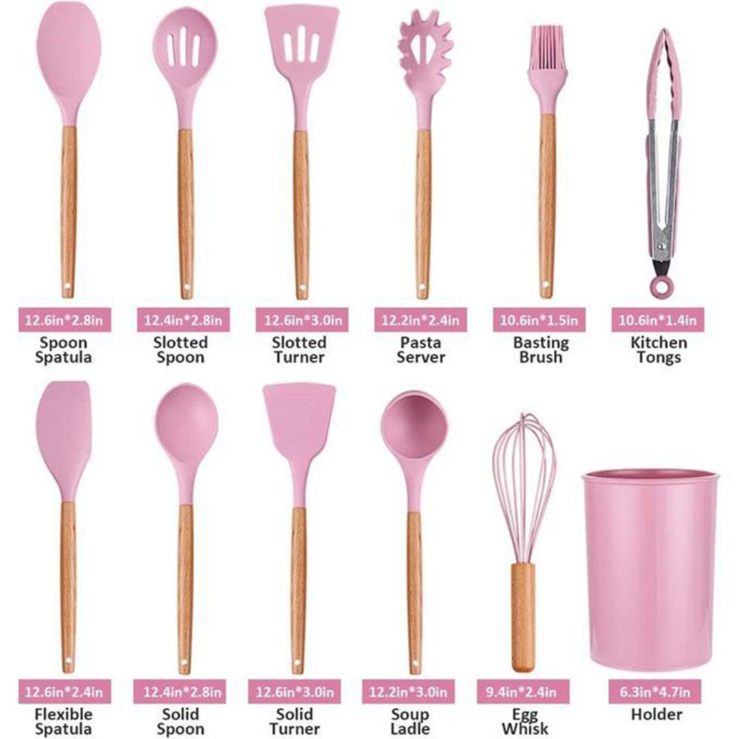 طقم توزيع سيليكون بيد خشب 11 قطعه وحامل بلاستيك - بينك