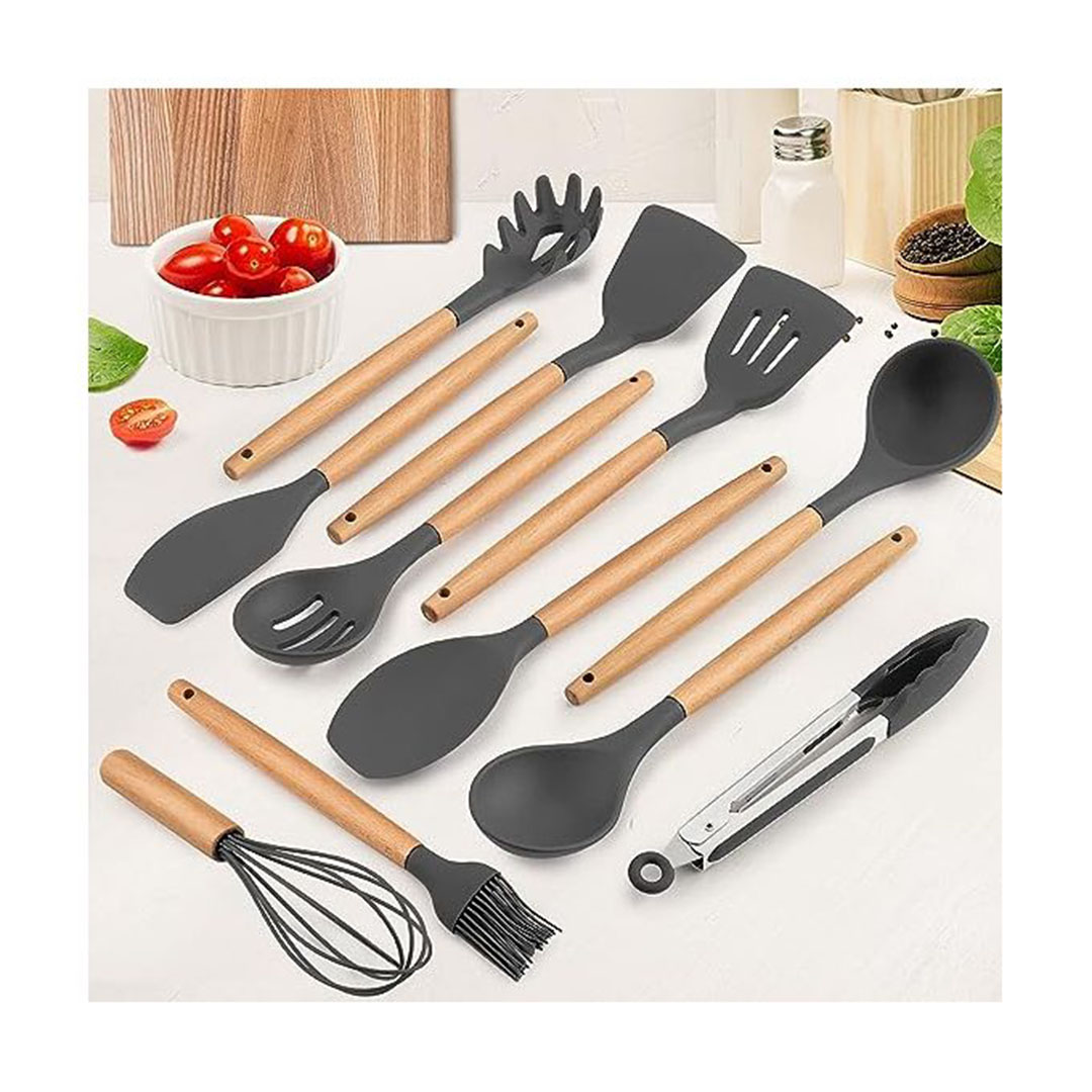 طقم توزيع سيليكون بيد خشب 11 قطعه وحامل بلاستيك - رمادى