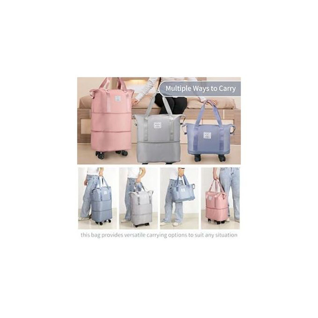 حقيبة سفر كبيرة بطبقتين بتصميم قابل للطي وعجلات ناعمة - رمادي