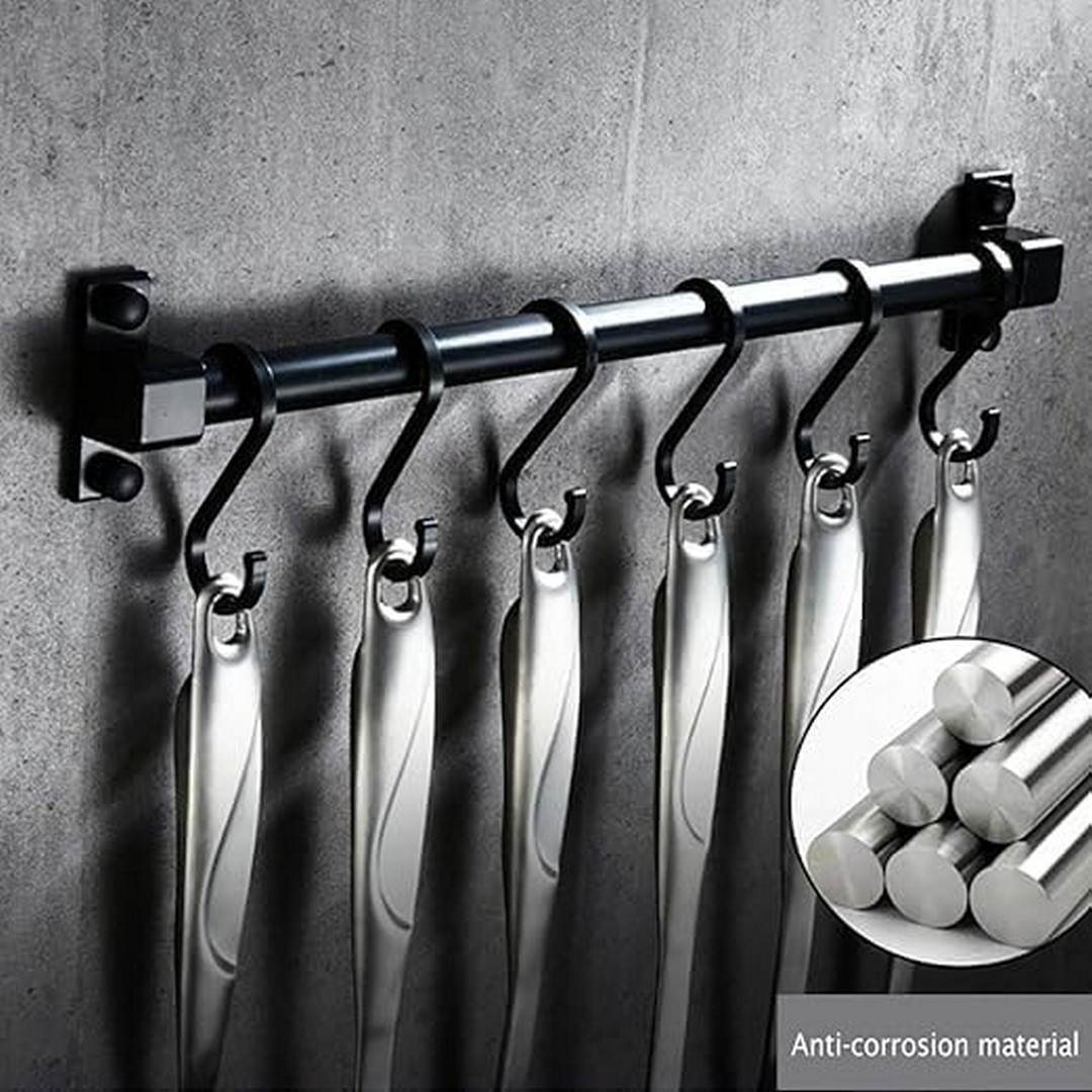 رف لتعليق أدوات المطبخ - 6 خطافات - أسود