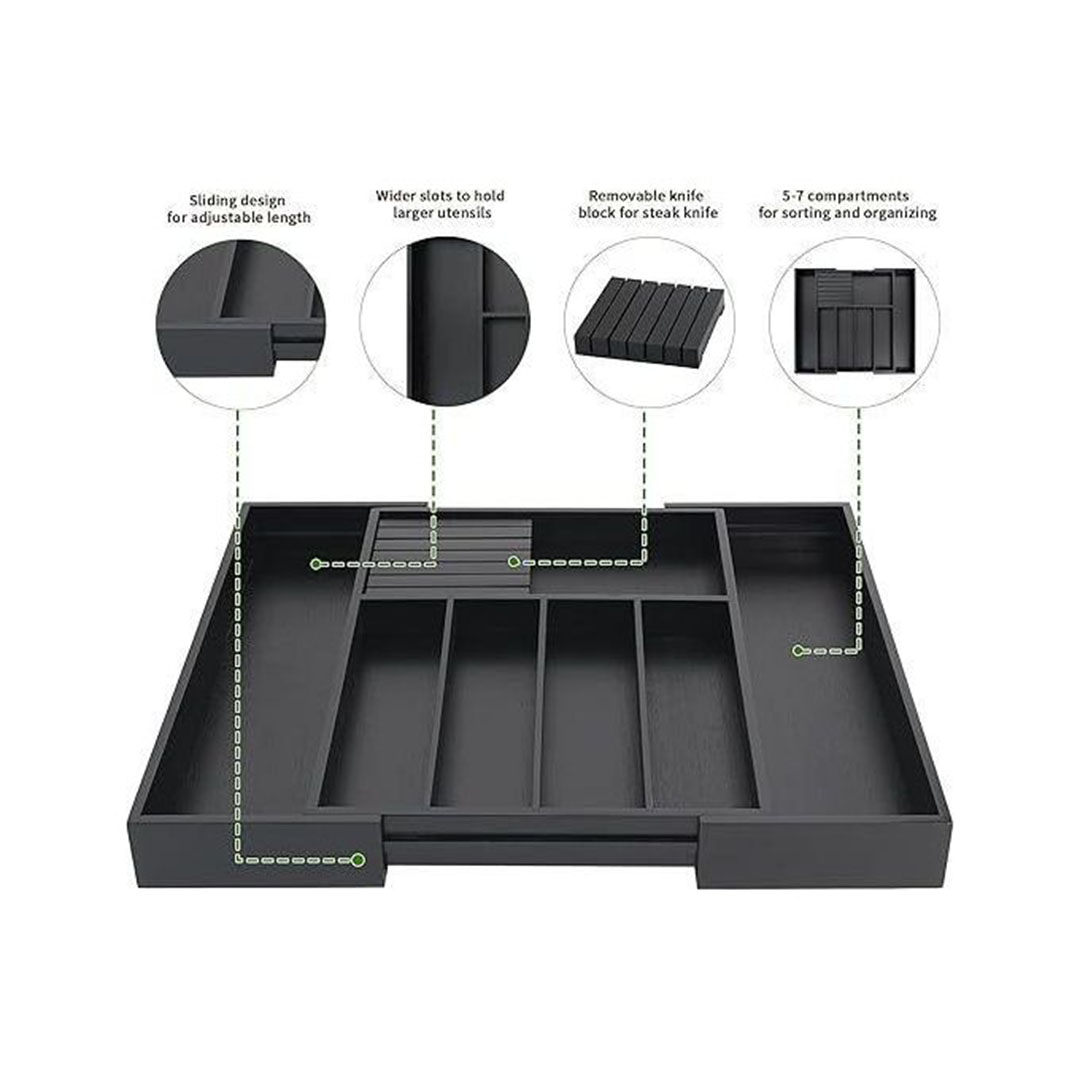 منظم أدوات المائدة الخشبي للدرج - أسود