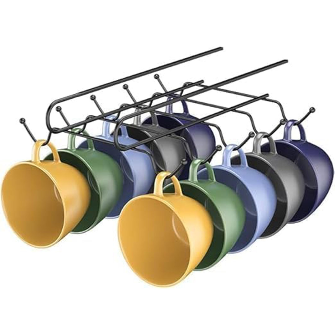 حامل أكواب معدني مع 10 خطافات - اسود