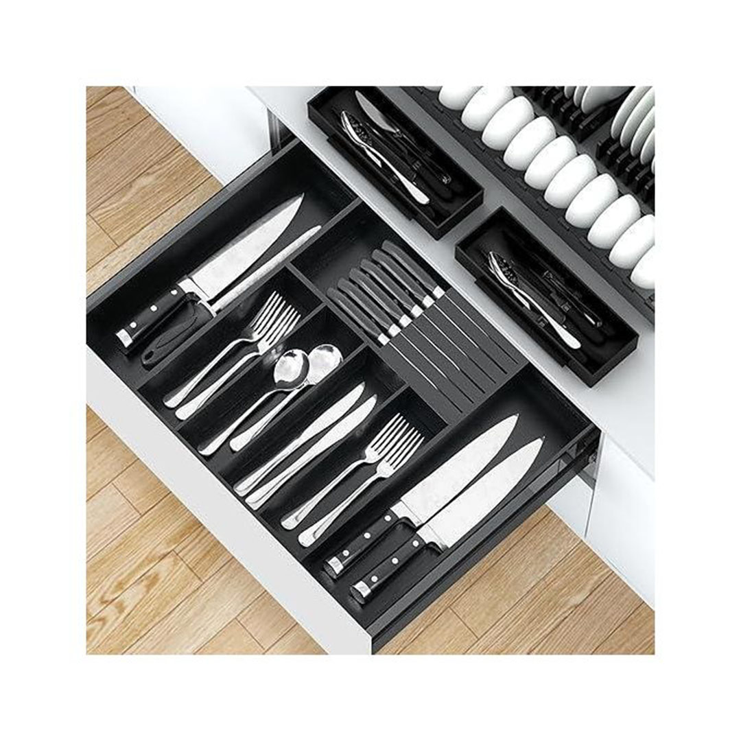 منظم أدوات المائدة الخشبي للدرج - أسود