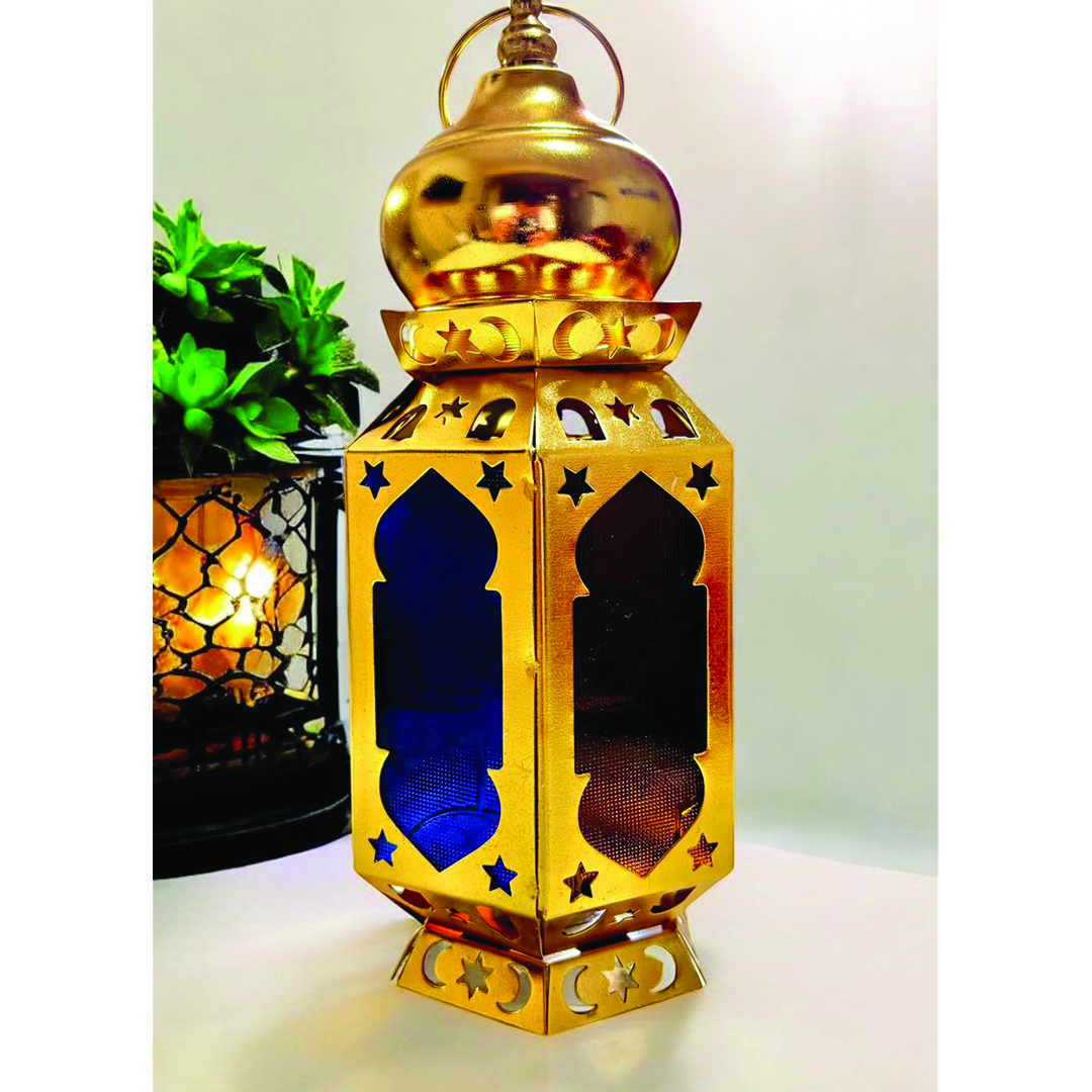 فانوس رمضان مضئ زجاج ملون - 20 سم - ذهبي