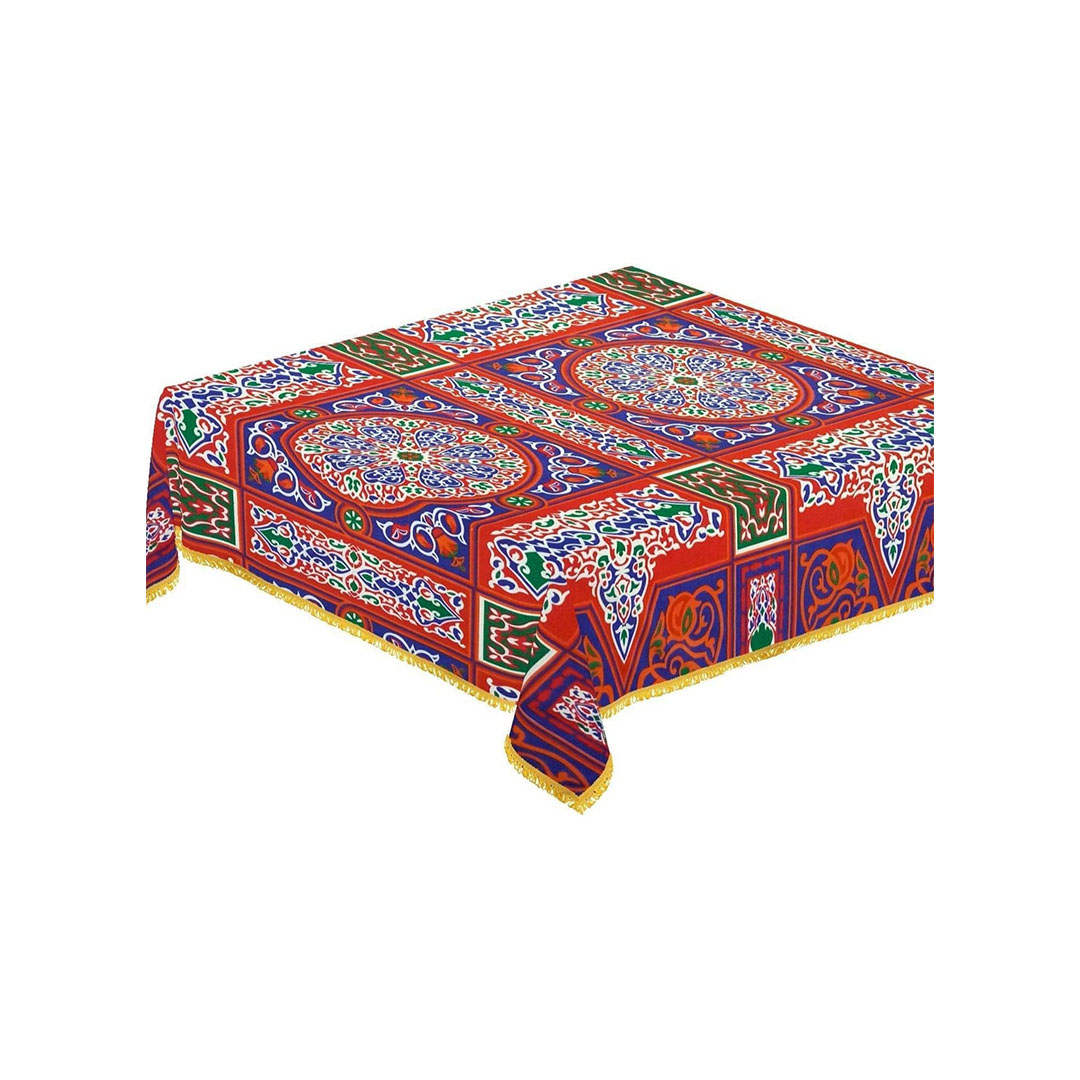 مفرش طاولة بتصميم خيامية مزين بشراشيب حول الحواف
