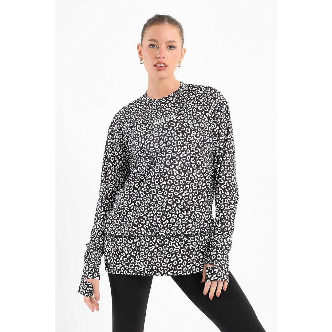 تيشيرت منقوش بكم رياضي حريمي - أسود/أبيض