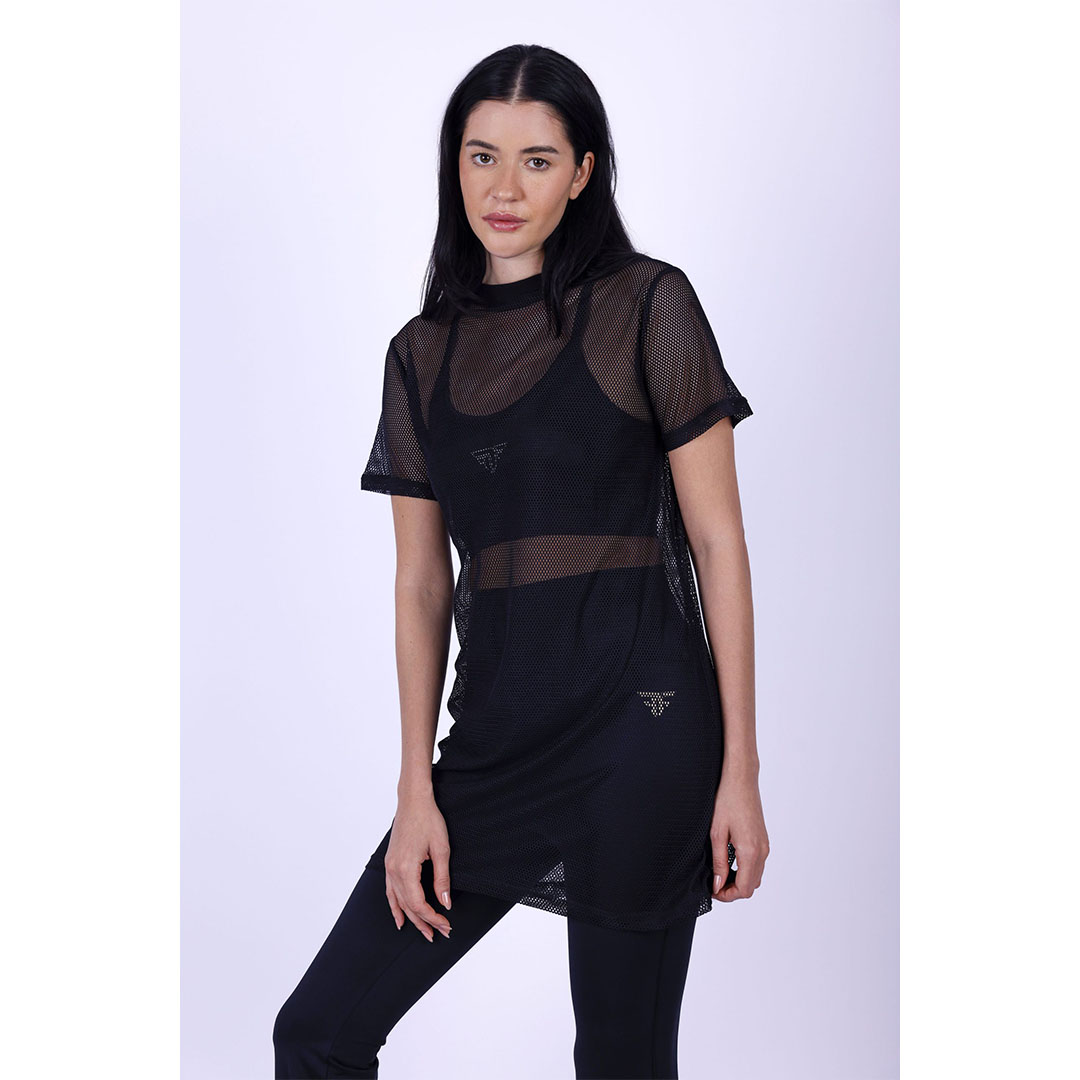 تيشيرت نص كم طويل شبكي شفاف - أسود