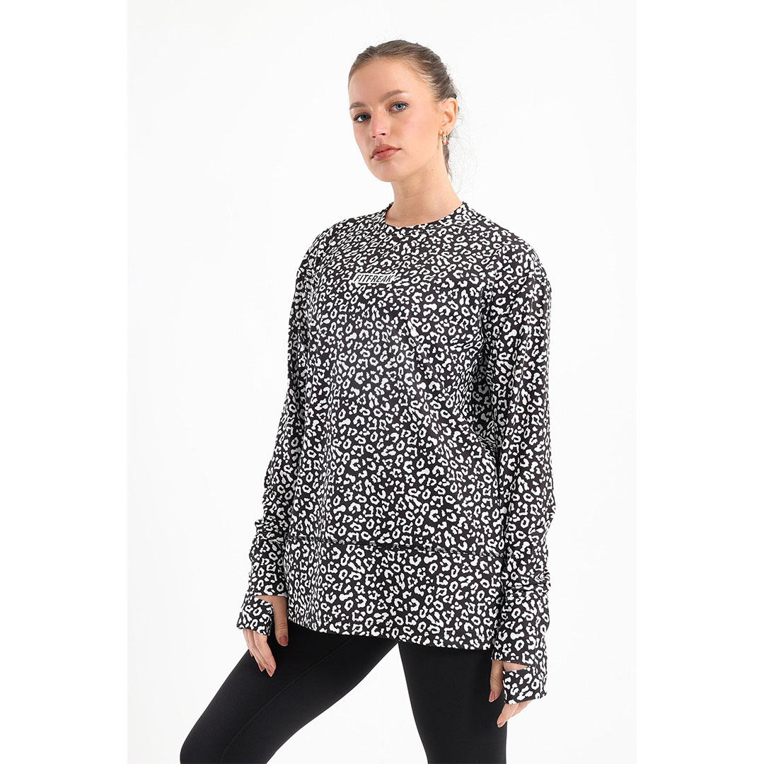 تيشيرت منقوش بكم رياضي حريمي - أسود/أبيض