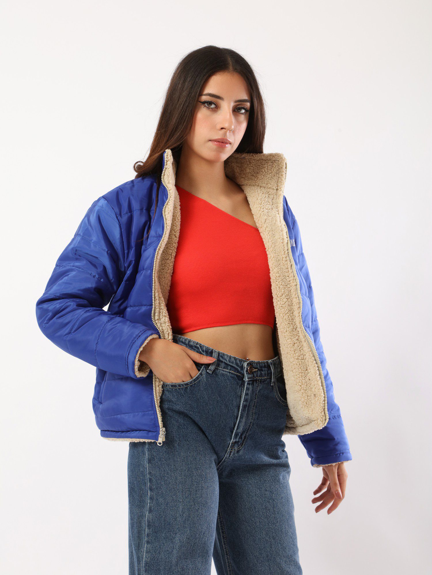 جاكيت بامب حريمي - أزرق/بيج