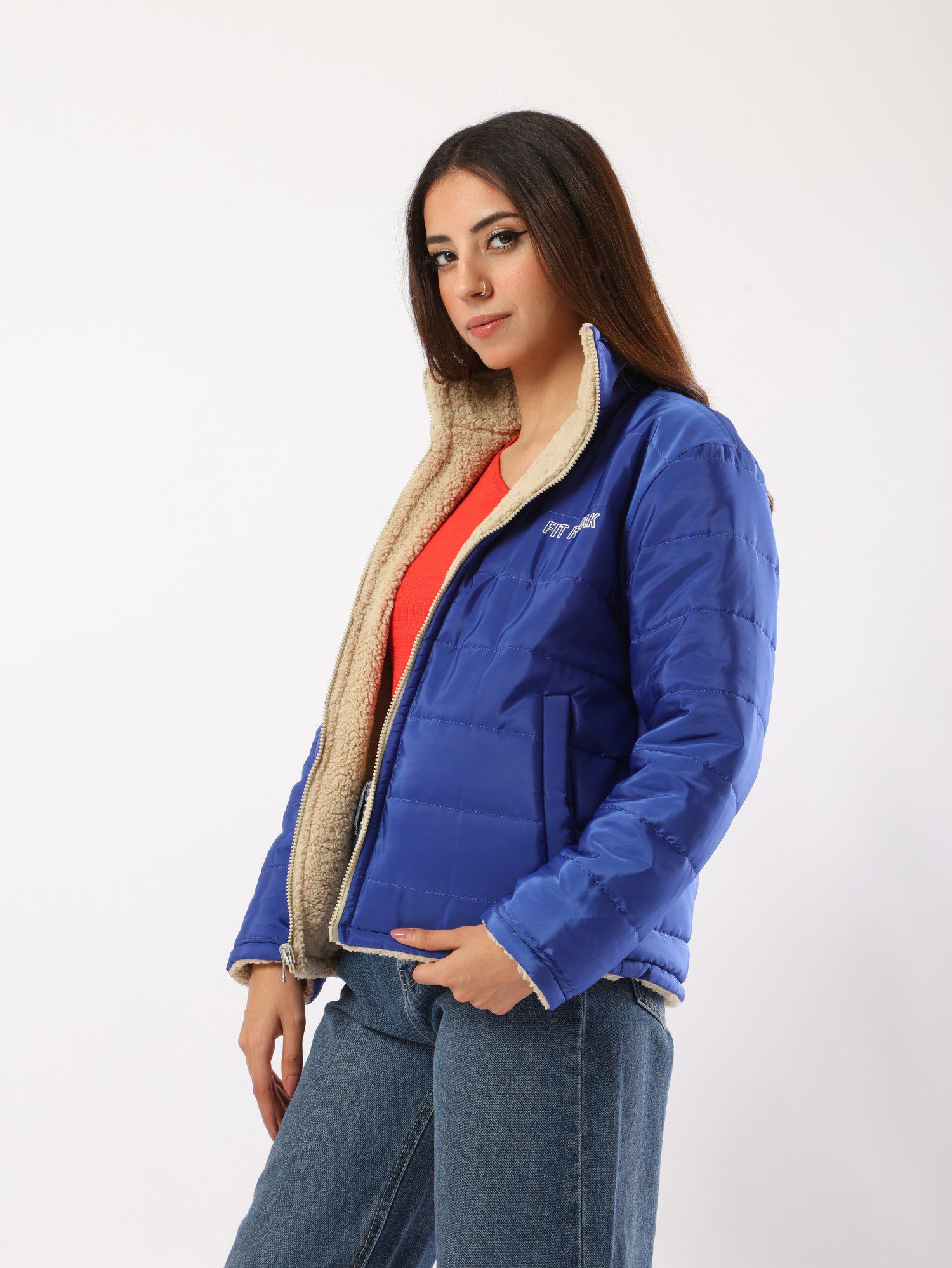 جاكيت بامب حريمي - أزرق/بيج