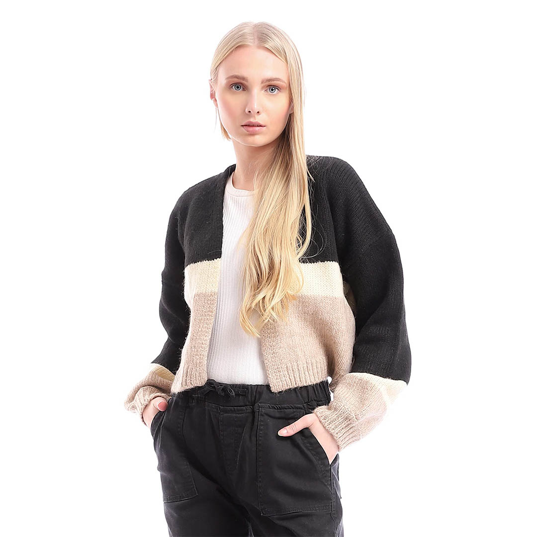 96232 كارديجان حريمي كم طويل - أسود /بيج