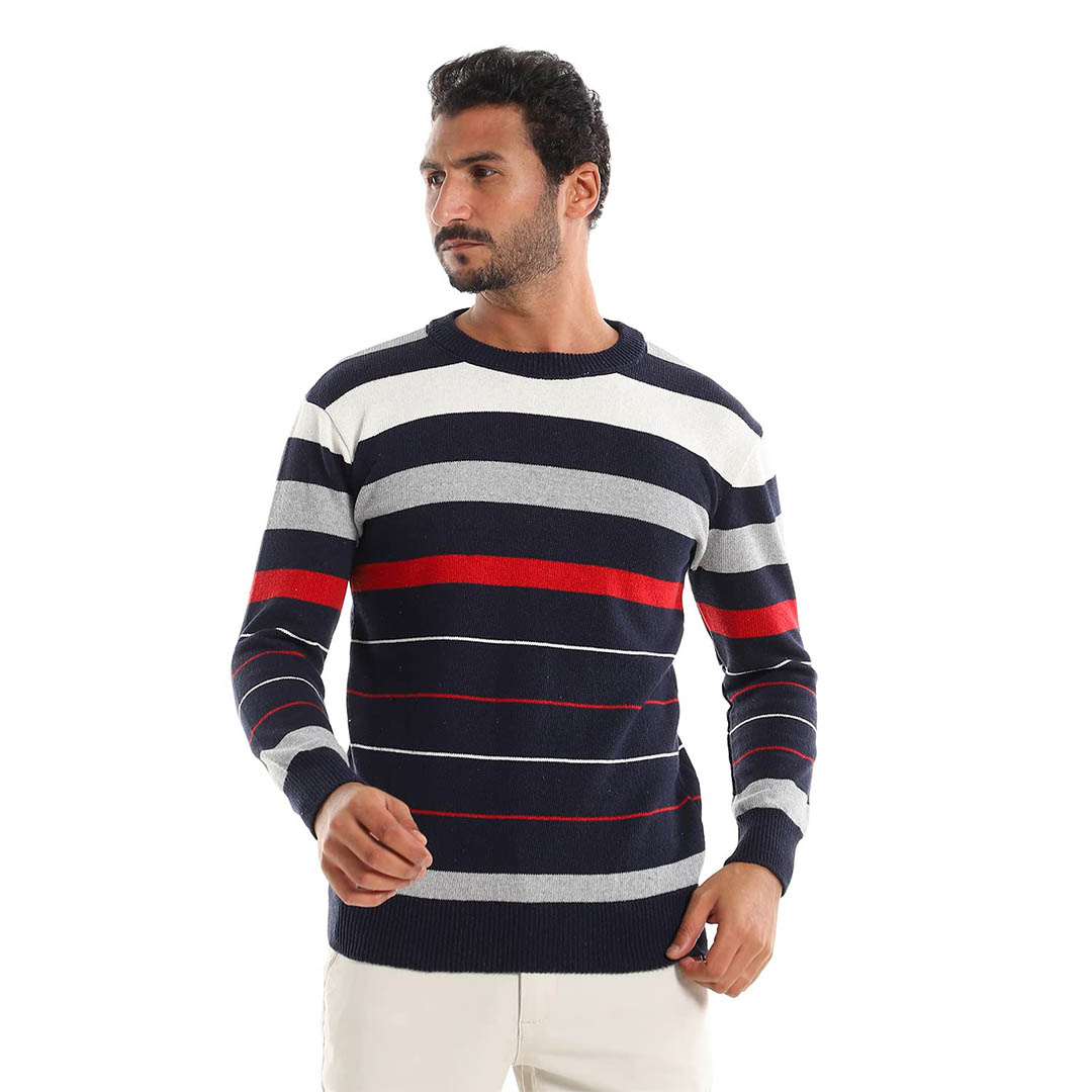 34W23M4508 بلوفر رجالي مخطط - كحلي/أحمر