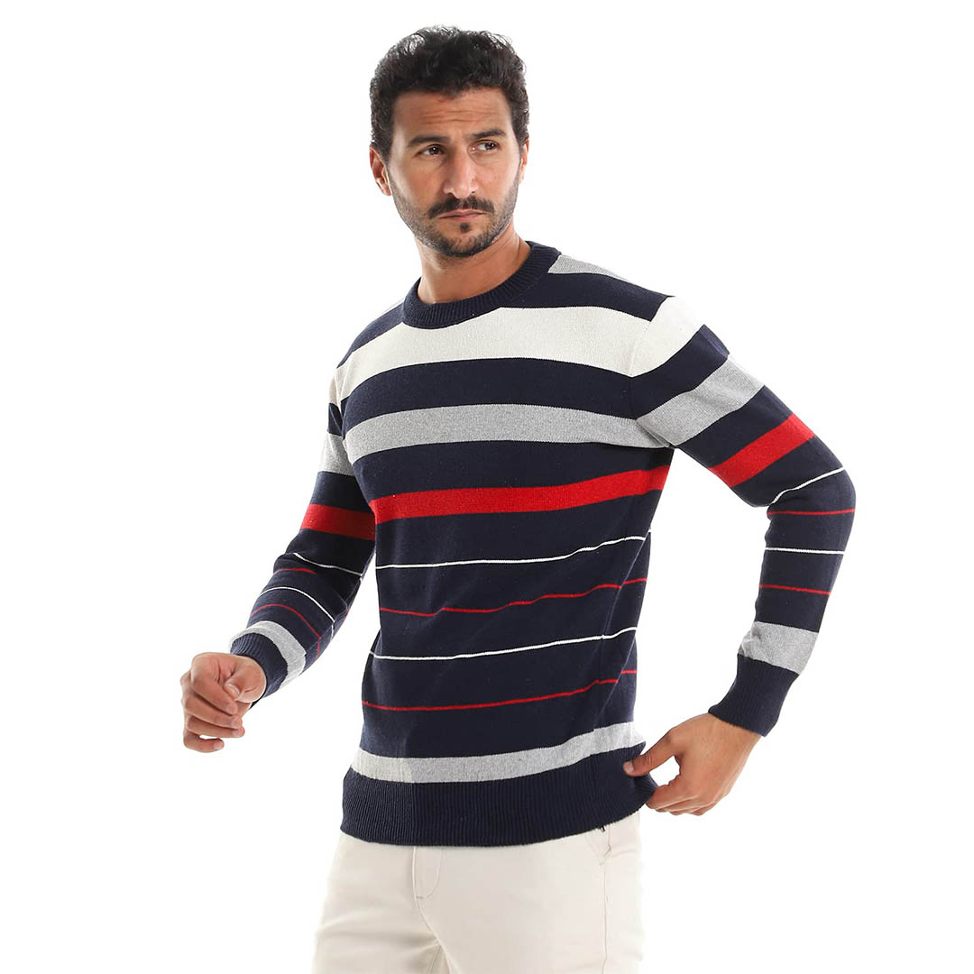 34W23M4508 بلوفر رجالي مخطط - كحلي/أحمر