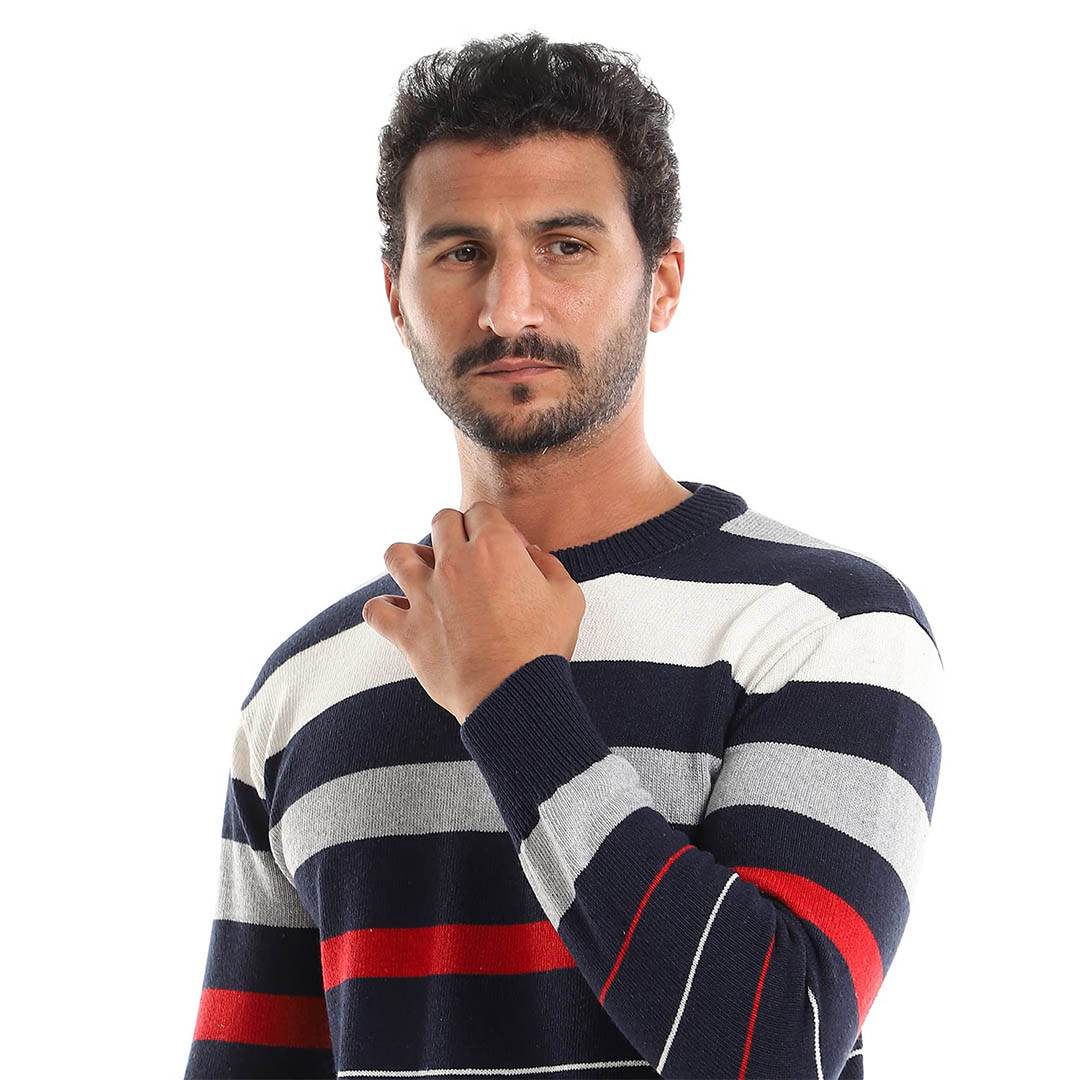 34W23M4508 بلوفر رجالي مخطط - كحلي/أحمر