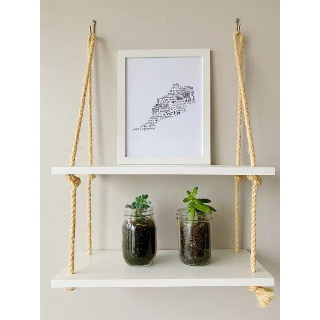 رف مزدوج شكل مرجيحة خشب - أبيض