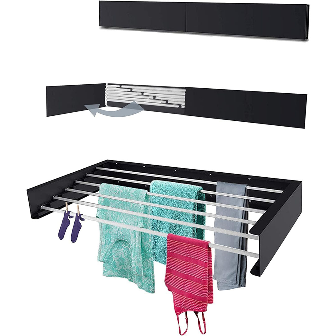 منشر غسيل يثبت علي الحائط قابل للطي - 80 سم - أسود