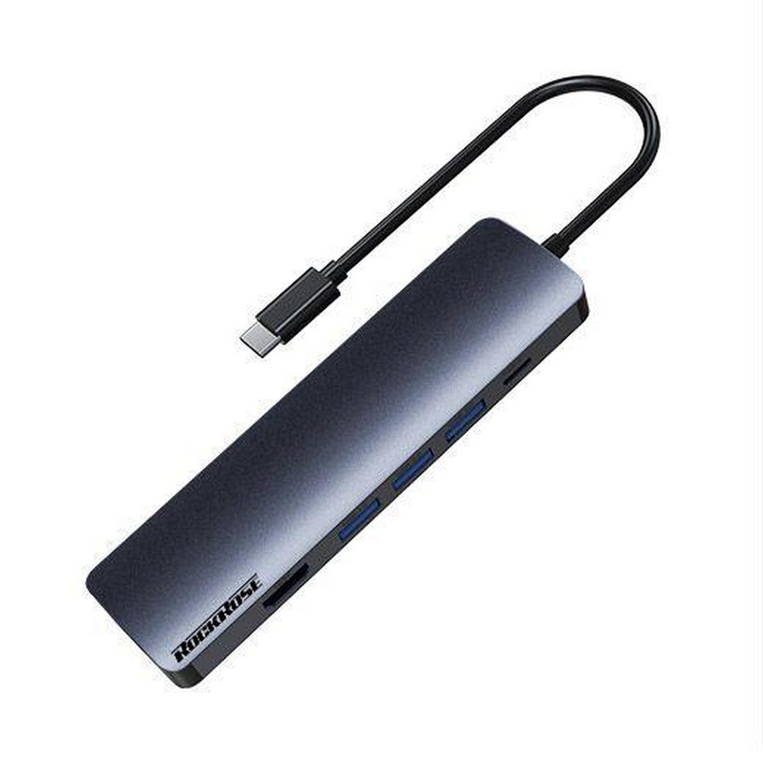 محول USB-C روك روز - 8 منافذ 60 وات - رمادي - RRHBI08