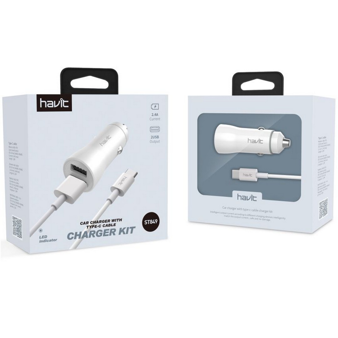 شاحن سيارة هافيت بمدخلين مع كابل Type-C - أسود - ST849