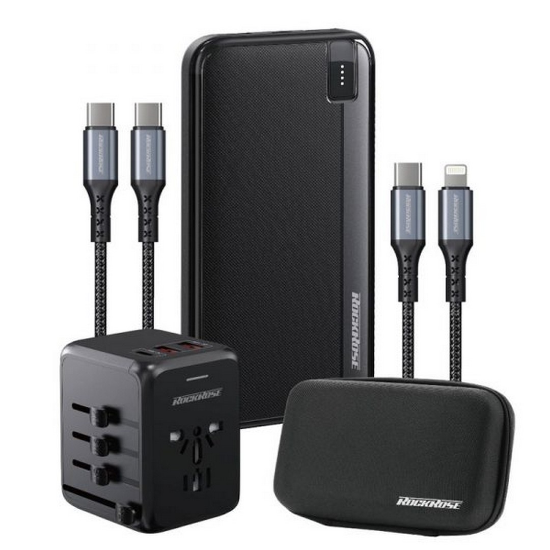 مجموعة سفر شاحن عالمي/باور بانك 10000مللي أمبير /كابل 1متر/حقيبة تنظيم - أسود