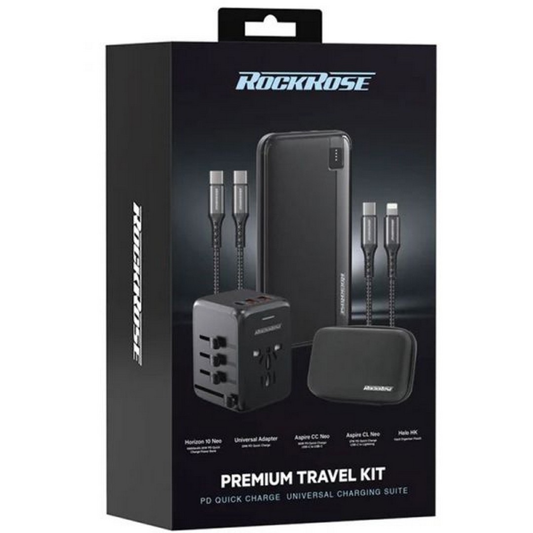 مجموعة سفر شاحن عالمي/باور بانك 10000مللي أمبير /كابل 1متر/حقيبة تنظيم - أسود