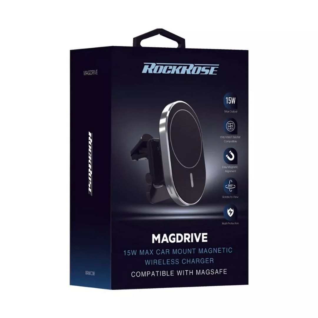 شاحن لاسلكي مغناطيسي للسيارة روك روز ماج درايف - 15 وات - أسود