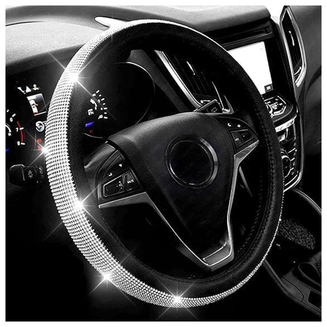 غطاء عجلة القيادة من الجلد الماسي - 15 إنش - أسود/فضي