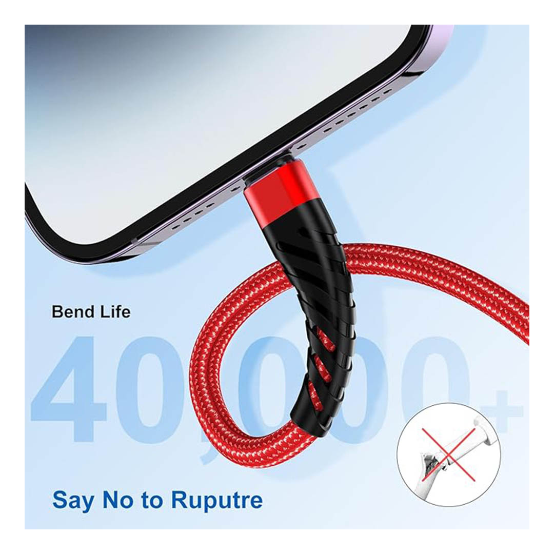 كابل شحن سريع USB/Lightning - 3 متر - أحمر