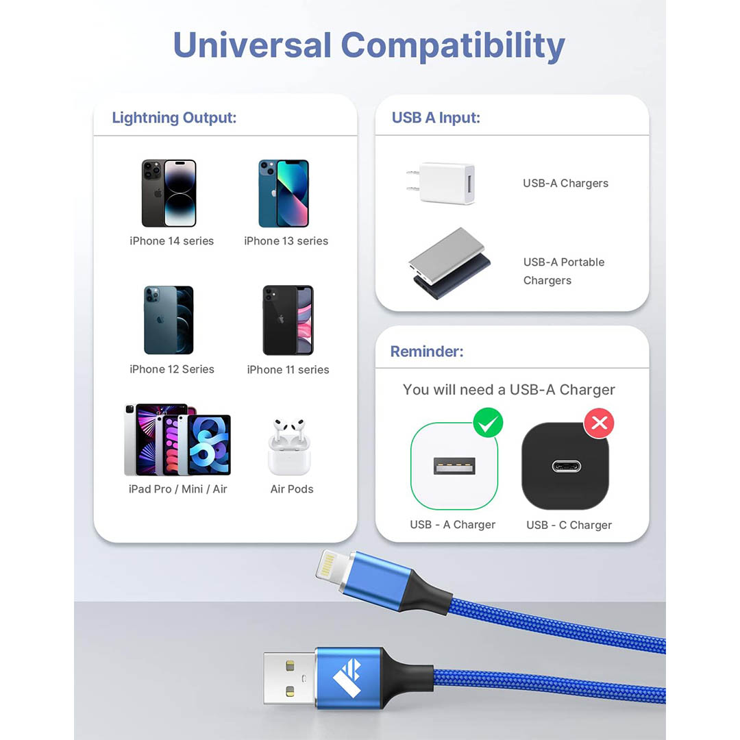 كابل شحن سريع USB/Lightning - أزرق - 3 متر