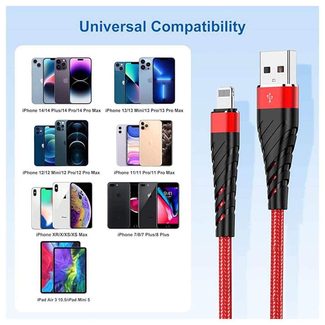 كابل شحن سريع USB/Lightning - 3 متر - أحمر