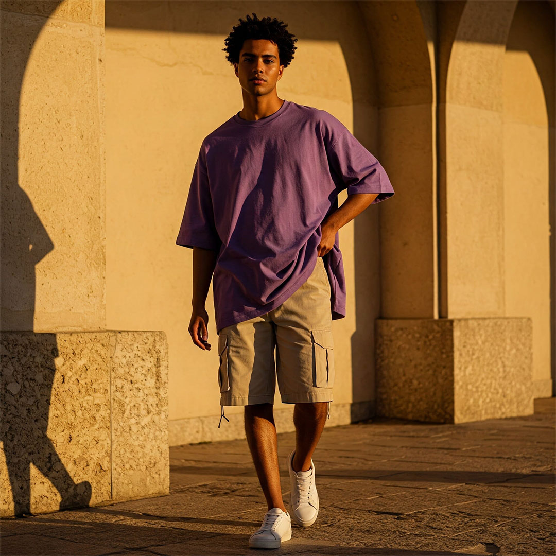 تيشرت أوفرسايز قطن رجالي - بنفسجي